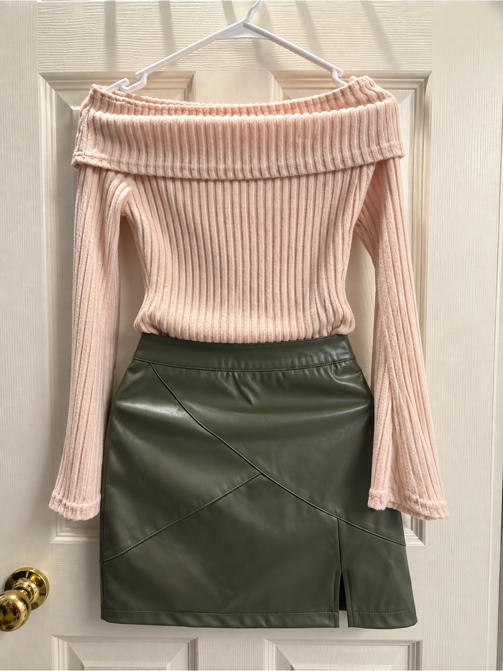 Off-Shoulder Ribbed Sweater in Blush Pink & Olive Green Faux Leather Mini Skirt